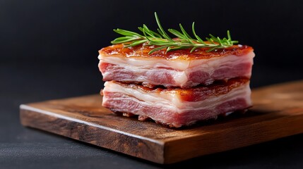 Deliciously layered pork belly on a wooden board with fresh rosemary garnish, perfect for gourmet dishes.