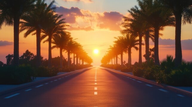 Smoothly moving infinite road with palm trees on both sides with a sunset sky in a bottom view. Carefree summer rest concept - Powered by Adobe