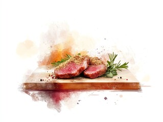 Deliciously cooked steak served on a wooden board, garnished with herbs and spices. Perfect for gourmet cuisine.