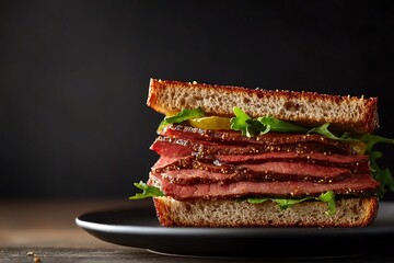 A delicious sandwich filled with layers of tender meat and fresh greens, served on a toasted bread.