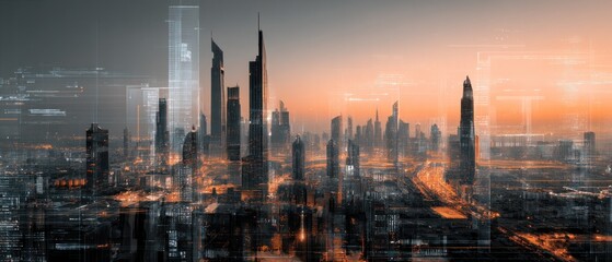 Fototapeta premium Futuristic Cityscape at Sunset: A Digital Metropolis