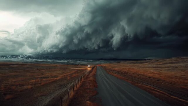 Expansive rural horizon beneath a looming storm front with towering dark cumulonimbus clouds rolling in, capturing the dramatic atmosphere and raw power of an impending thunderstorm
