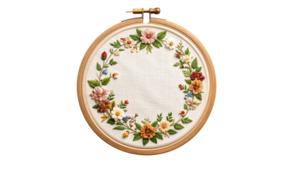 Vintage embroidery hoop with half-finished floral stitching and needle, 19th-century craft item isolated on solid white background 