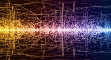Abstract representation of sound waves with vibrant colors and intricate line patterns across the frame