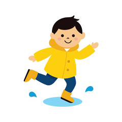 Cartoon Of A Boy Jumping In A Puddle With Rain Boots