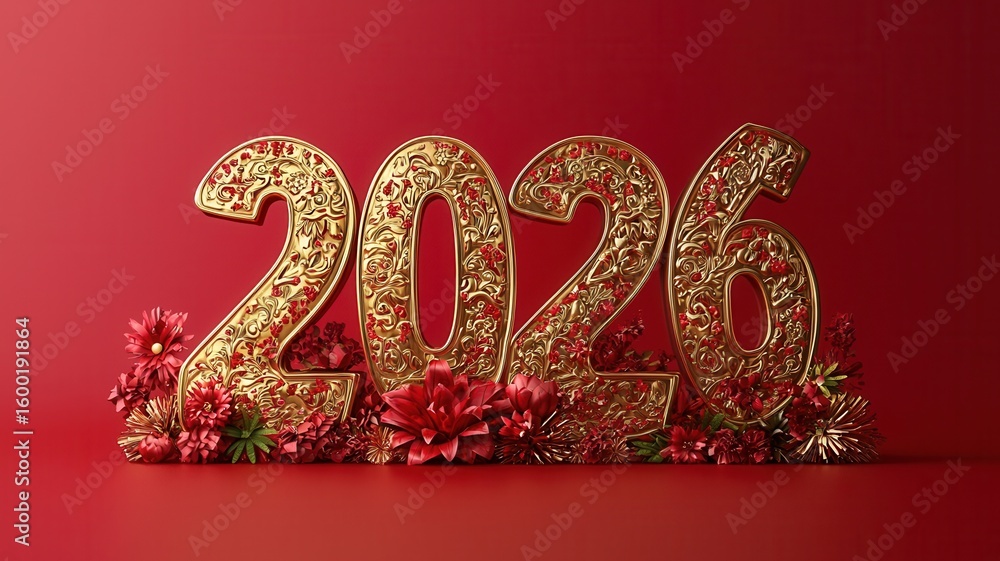 Poster shiny golden inflatable balloons forming the number 2026 float on a coral background, surrounded by 