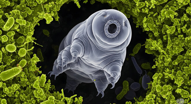 Close up of a tardigrade surrounded by green algae and bacteria under a microscope lens view