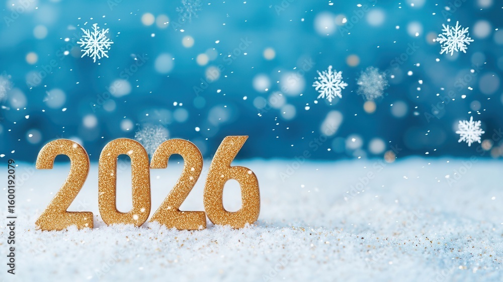 Poster golden blue numerals resting on snowy surface, sparkling bokeh illumination and 2026 drifting agains