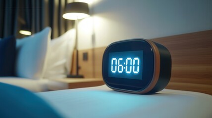Round digital alarm clock displaying 10,00 am, placed suggests bedside table in contemporary hotel room, a on relaxing morning