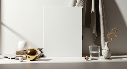 Aesthetic product backdrop with a white canvas, golden sphere, and glass of water.