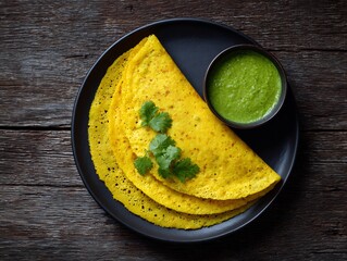 Top view of hot moong dal chilla served green chutney healthy Indian snack vibrant yellow color rustic style
