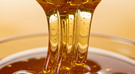 Close up shot of golden honey pouring into a bowl with visible bubbles and a smooth texture appearance