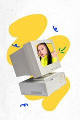Vertical pop poster banner collage of astonished businesswoman peek pc monitor artificial intelligence software freelancer