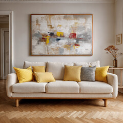 Modern  interior in minimalist style with beige sofa and yellow pillows, simple home decor. Generative AI illustration.
