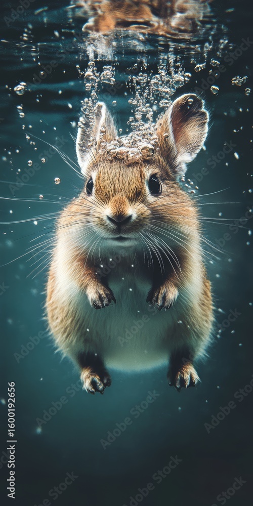 Poster a rabbit is in the water, looking up at the camera. the image has a playful and lighthearted mood, a