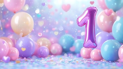 Pink number one balloon floating among colorful balloons and confetti, celebrating a first birthday