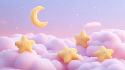 Fototapeta premium Dreamy stars and moon floating in pink clouds.