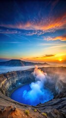 Naklejka premium Volcanic crater at sunset with blue mist