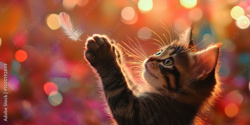 Poster cat is holding a feather in its paw. the cat is looking up at the feather, as if it is about to catc