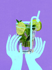 Collage of turquoise hands holding lime cocktail with mint on purple background. Concept of summer...