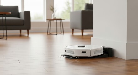 Modern white robot vacuum cleaner operating on light brown wooden floor in a living room.