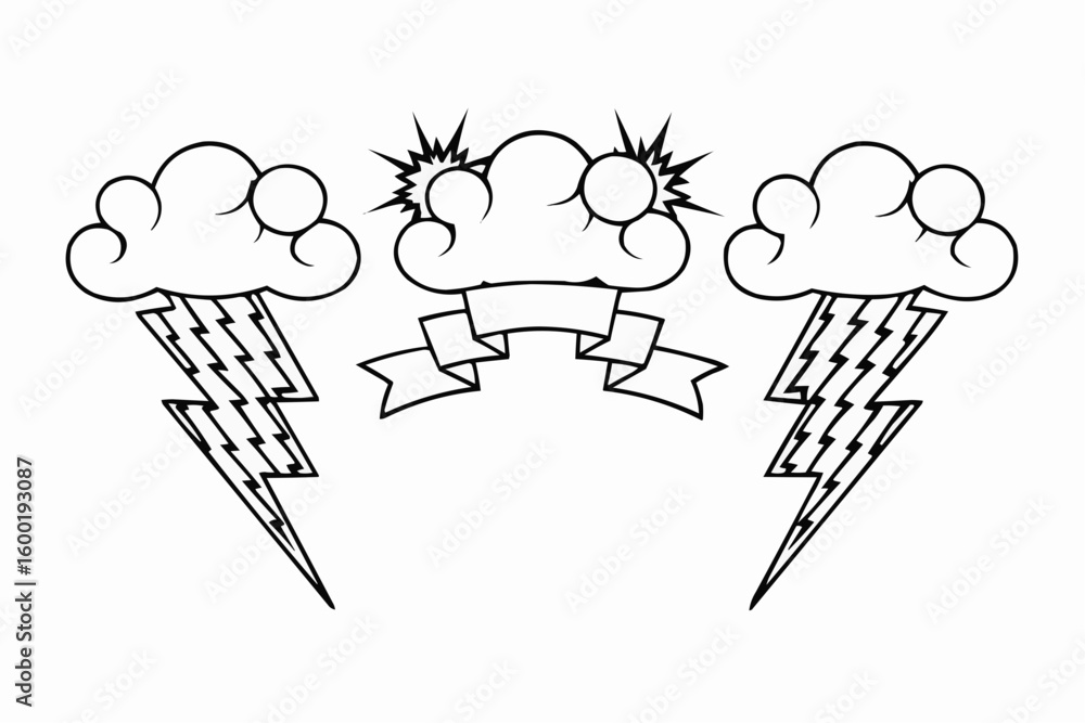 Poster outline drawing of clouds with lightning bolts and a banner in a simple black and white style
