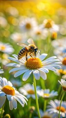 A close-up image of a bee collecting nectar from the delicate white petals of chamomile flowers in a lush