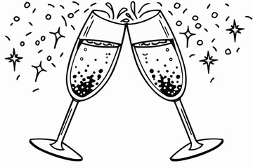 Two champagne glasses toasting with bubbles and stars in a black and white line art drawing style