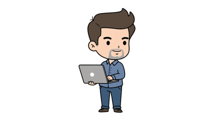 A cute cartoon illustration of a young man with a goatee, standing and holding a silver laptop computer.
