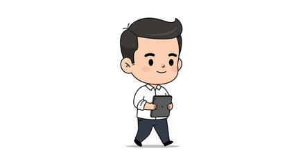 A cute cartoon illustration of a businessman walking while holding a digital tablet.