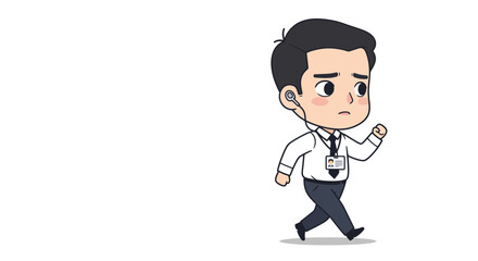 A cartoon illustration of a businessman in a white shirt and tie, wearing an ID badge, walking with a focused expression.