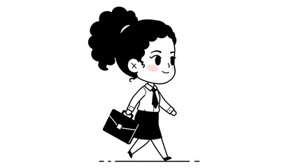 A cute cartoon woman with curly hair walks confidently, carrying a briefcase and smiling, dressed in a business suit.