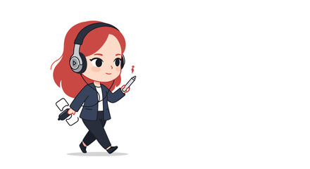 A cute chibi businesswoman with red hair walks while listening to music on her headphones.