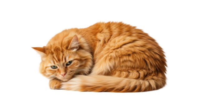A ginger cat curled up in a relaxed pose.