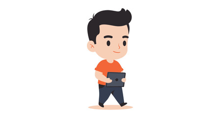 A cheerful young man in an orange t-shirt and blue pants walks confidently while holding a tablet computer, looking ahead with a slight smile.