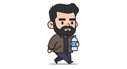 A cute cartoon bearded man walking and holding a plastic water bottle.
