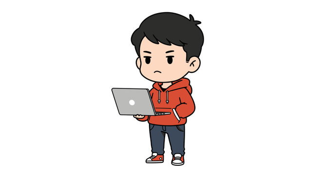 A cartoon boy in a red hoodie stands holding a laptop with a serious, focused expression.