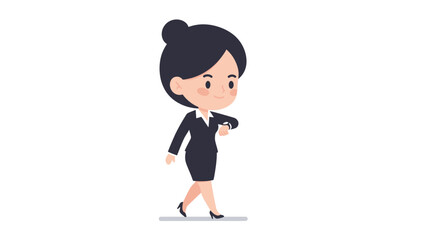 A stylized cartoon businesswoman in a black suit walks while checking her wristwatch, conveying a sense of punctuality and professional movement.