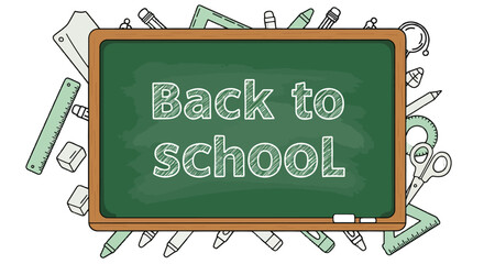 Green chalkboard displays 'Back to school' text, surrounded by assorted school supplies in a playful illustration style ideal for educational or promotional back-to-school marketing materials.