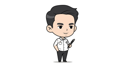 A cute chibi cartoon illustration of a young man with black hair, wearing a white shirt and holding a pen.