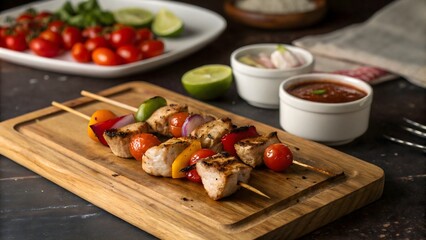 A richly detailed, close-up photograph of juicy grilled chicken skewers paired with vibrant cherry tomatoes, bell peppers, and onions. The rustic wooden cutting board and warm, soft lighting bring a h