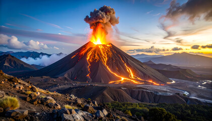 Volcano Eruption Sunset Landscape.