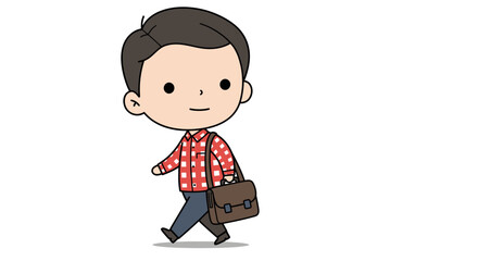 Cartoon illustration of a young man walking with a briefcase, wearing a red plaid shirt and jeans.