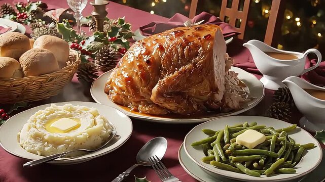 A Classic Christmas or Easter Dinner with Glazed Ham and Potatoes