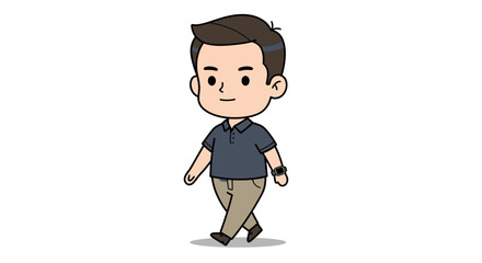 Cartoon man with dark hair and a blue shirt walks forward, wearing a smartwatch, against a white background.