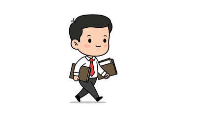 Cartoon businessman walking while carrying documents, representing work and business concepts.