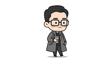 A cute cartoon man in a grey coat and glasses walking while holding a takeaway coffee cup.