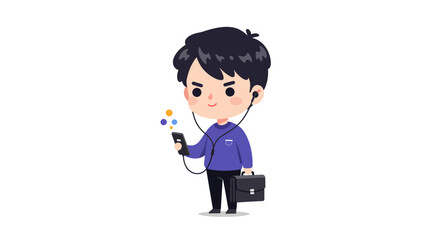 An adorable chibi-style young man wearing earbuds, holding a smartphone with colorful digital elements, and carrying a briefcase.