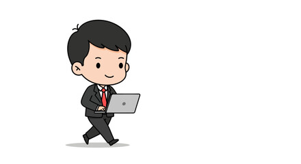 A cute cartoon businessman in a suit walks while holding and using a silver laptop.