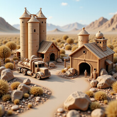 Fantasy desert outpost with stylized stone buildings trucks and sandy terrain under bright blue sky